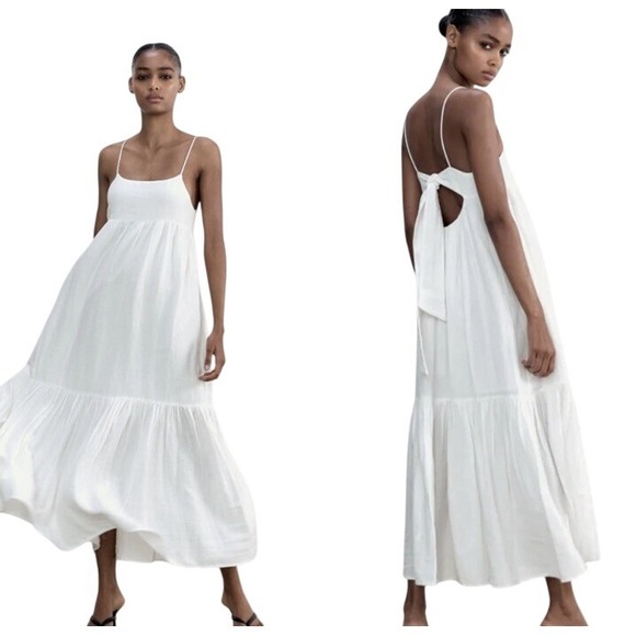 Zara Dresses & Skirts - Zara Tie Back Tiered Cotton Midi Dress White Size M